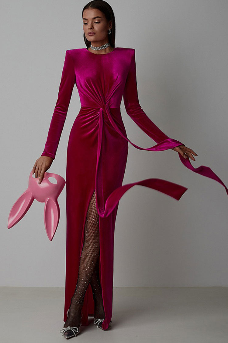 Velvet Long Sleeve Twist Front High Split Bodycon Maxi Dress