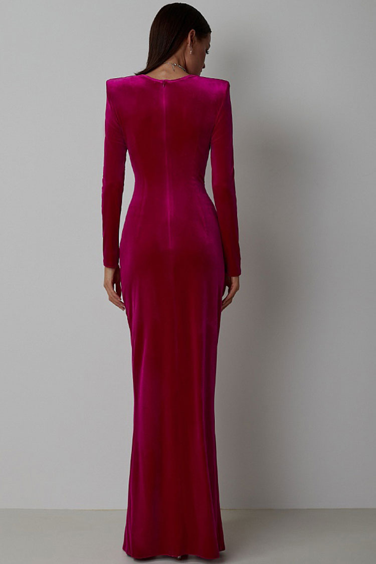 Velvet Long Sleeve Twist Front High Split Bodycon Maxi Dress - View 3