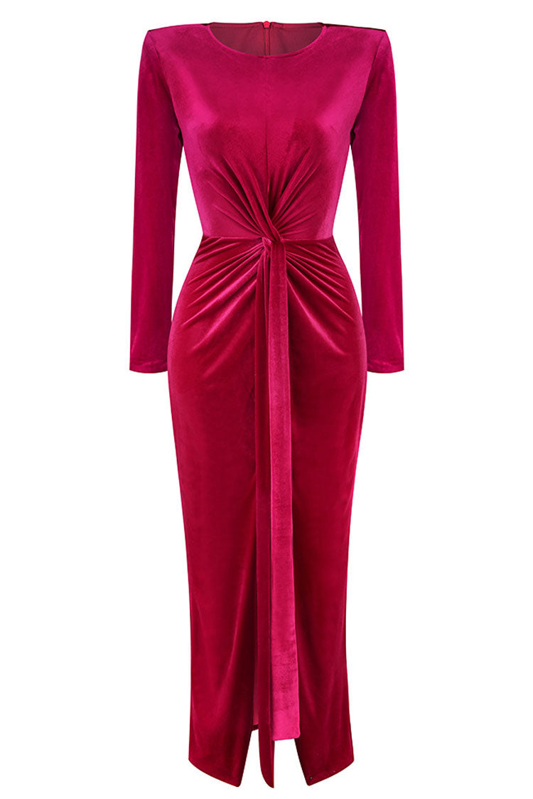 Velvet Long Sleeve Twist Front High Split Bodycon Maxi Dress - View 5
