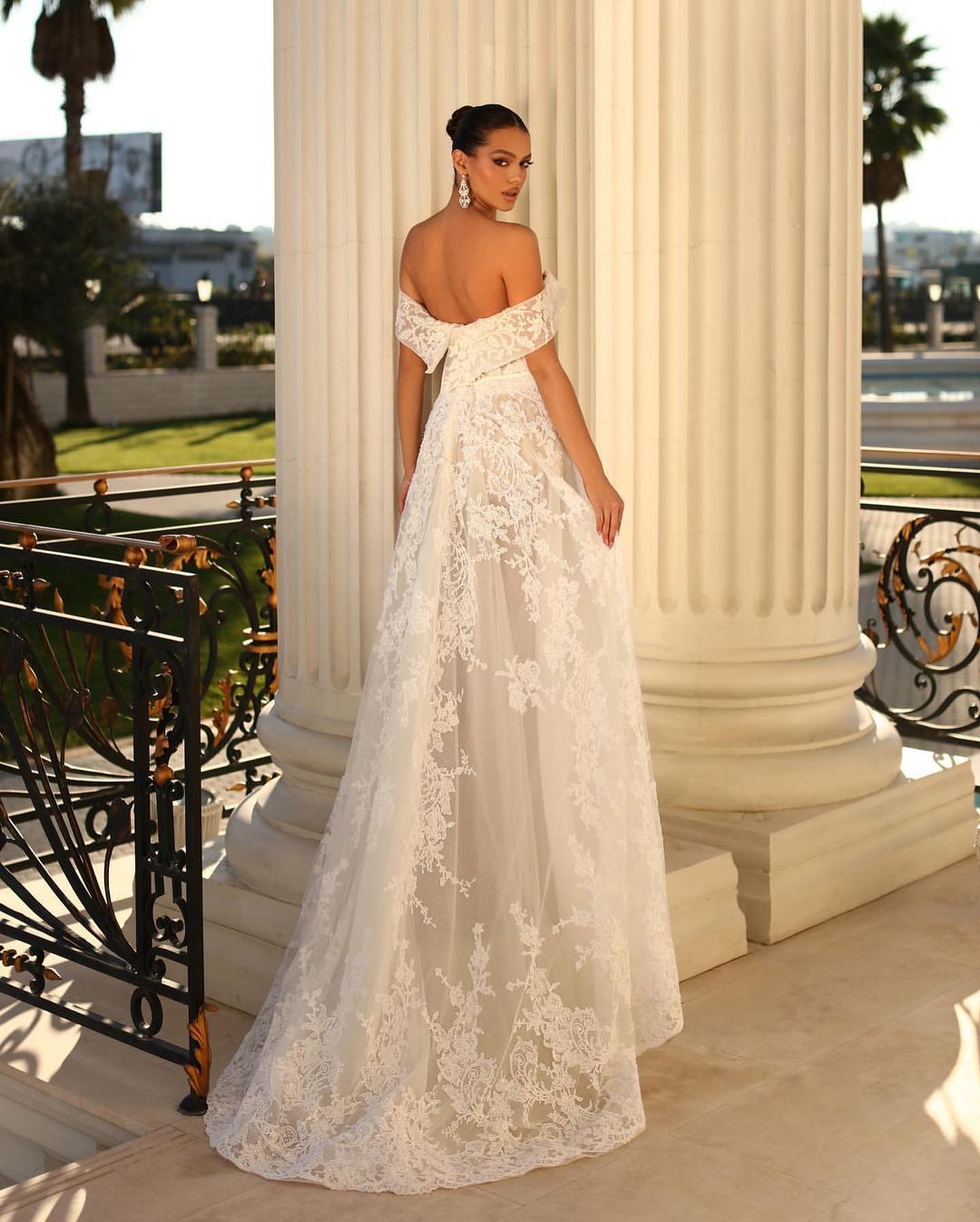 Glamorous Long White A-line Off-Shoulder Lace Wedding Dress with Elegant Details - Fashionpara