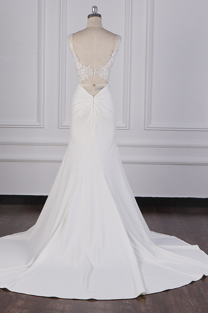 Glamorous Mermaid Satin Sleeveless Wedding Dress White Lace Appliques Bridal Gowns with Beadings On sale - Fashionpara