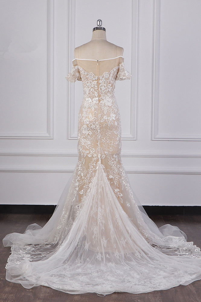 Glamorous Mermaid Tulle Lace Wedding Dress Appliques Beadings Short Sleeves Bridal Gowns On Sale - Fashionpara