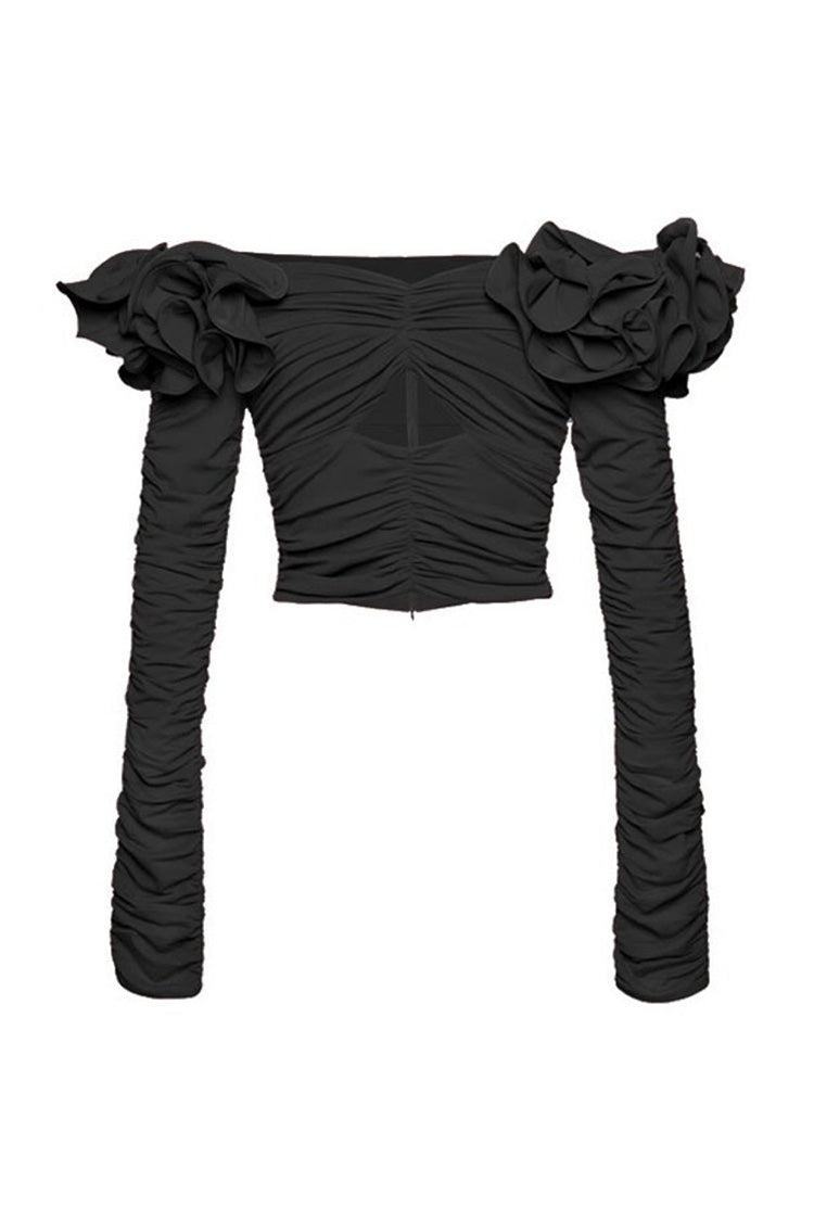 Glamorous Off Shoulder Rosette Trim Long Sleeve Ruched Cutout Crop Top - Fashionpara