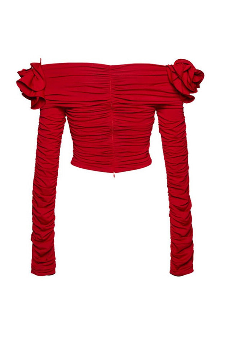 Glamorous Off Shoulder Rosette Trim Long Sleeve Ruched Cutout Crop Top - Fashionpara