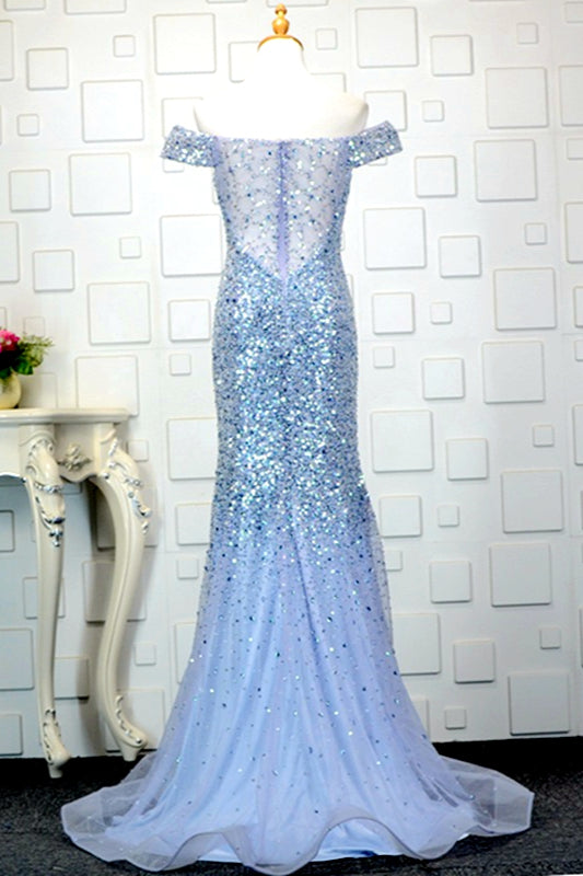 Glamorous Off-the-Shoulder Blue Mermaid Prom Dresses with Rhinestones On Sale - Fashionpara