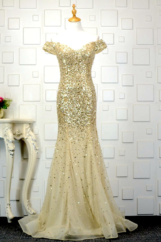Glamorous Off-the-Shoulder Blue Mermaid Prom Dresses with Rhinestones On Sale - Fashionpara