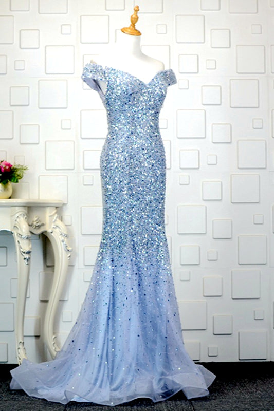Glamorous Off-the-Shoulder Blue Mermaid Prom Dresses with Rhinestones On Sale - Fashionpara