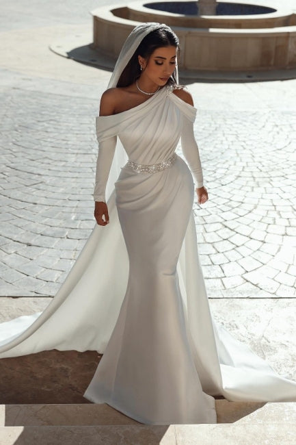Glamorous One-Shoulder Long Sleeve Mermaid Satin Wedding Dress with Ruffles - Fashionpara