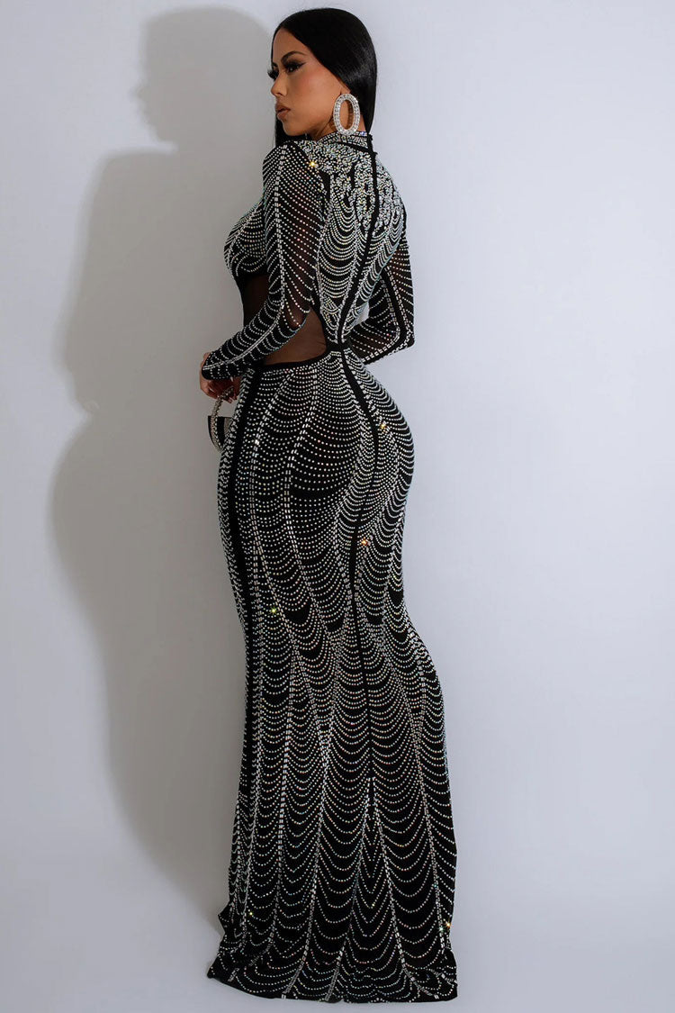 Glamorous Rhinestone Mock Neck Long Sleeve Evening Maxi Dress - Black  Fashionpara