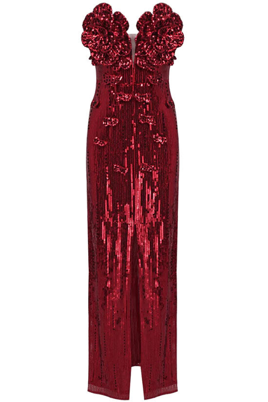Sequin Strapless Rosette Applique High Split Mermaid Maxi Dress - View 5