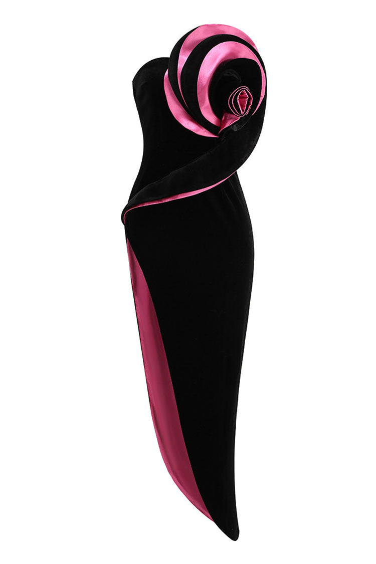 Glamorous Rosette Contrast Satin Panel Velvet Strapless High Split Evening Dress - Fashionpara