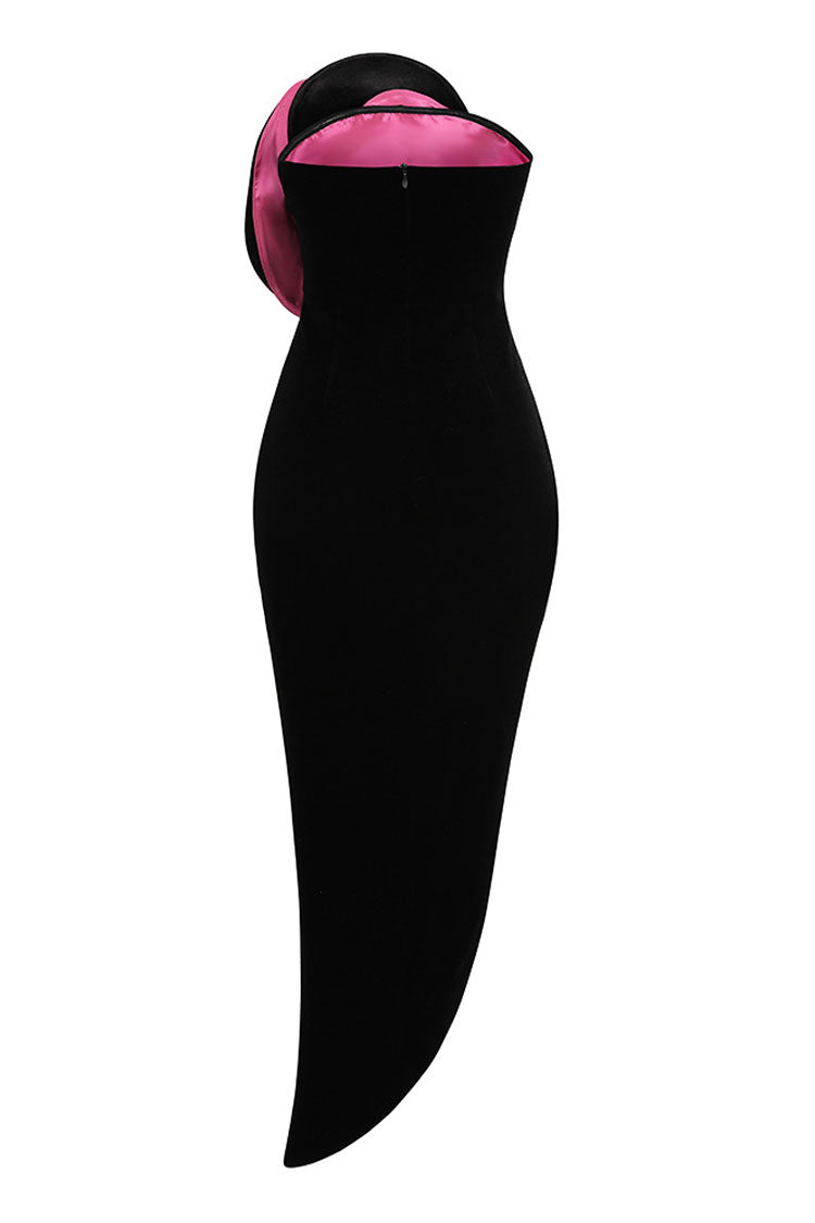 Glamorous Rosette Contrast Satin Panel Velvet Strapless High Split Evening Dress - Fashionpara