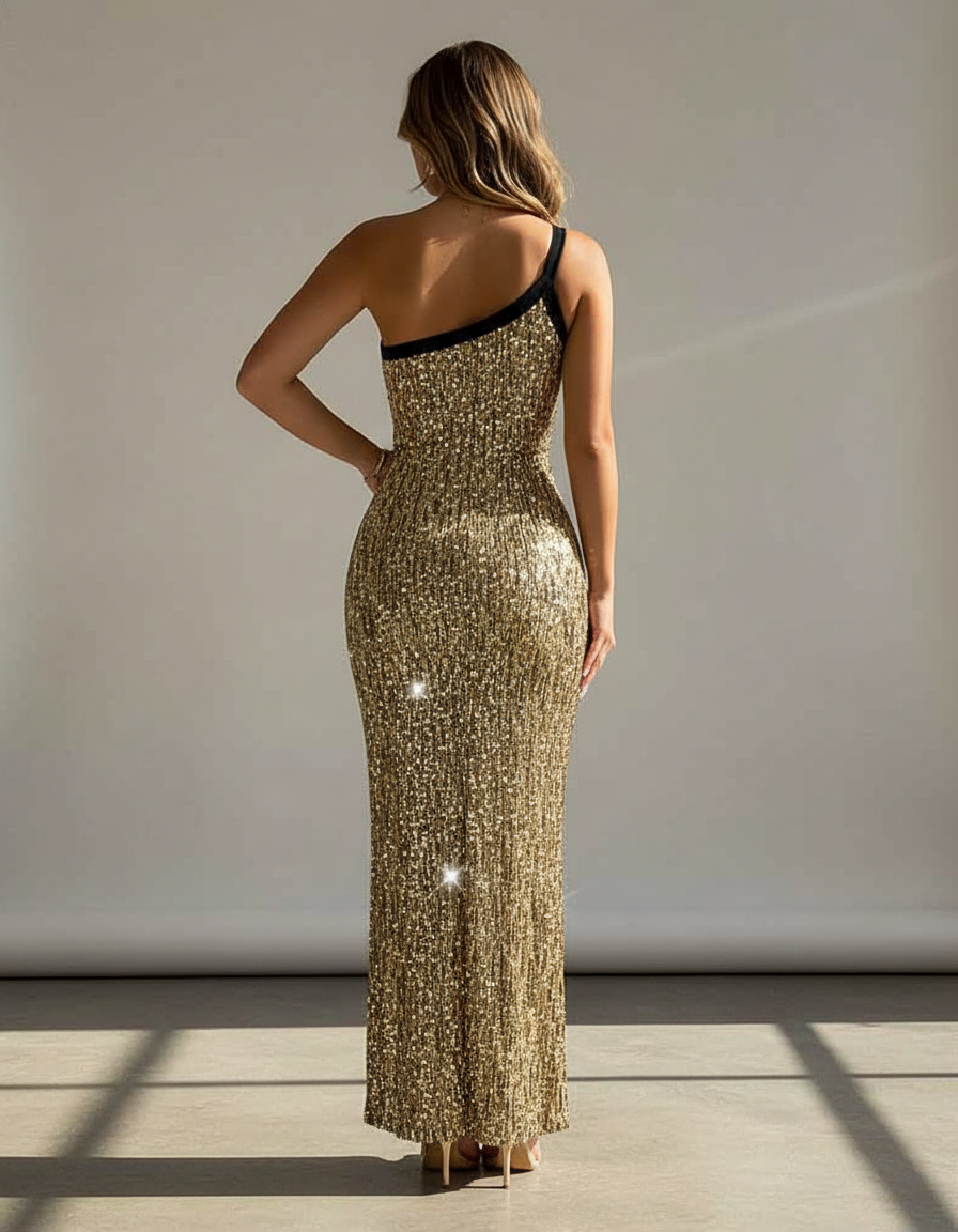 Sequin One Shoulder Bodycon Midi Dress in Gold - View 7