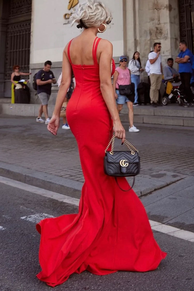 Glamorous Sheer Mesh Cutout Braided Trim Split Formal Maxi Dress - Red  Fashionpara