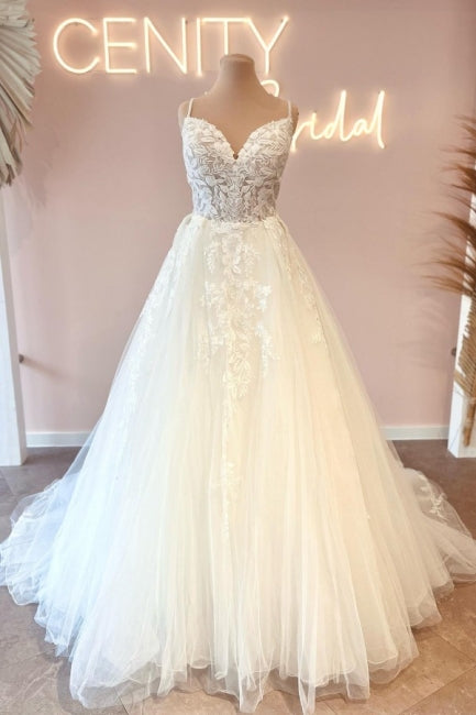 Glamorous Spaghetti Strap Sleeveless A-Line Lace Wedding Gown - Fashionpara