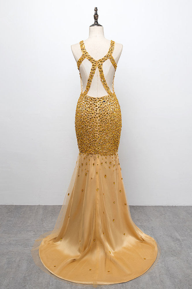 Glamorous Straps V-Neck Gold Mermaid Prom Dresses with Beadings - Fashionpara
