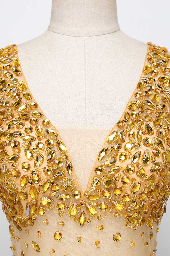 Glamorous Straps V-Neck Gold Mermaid Prom Dresses with Beadings - Fashionpara