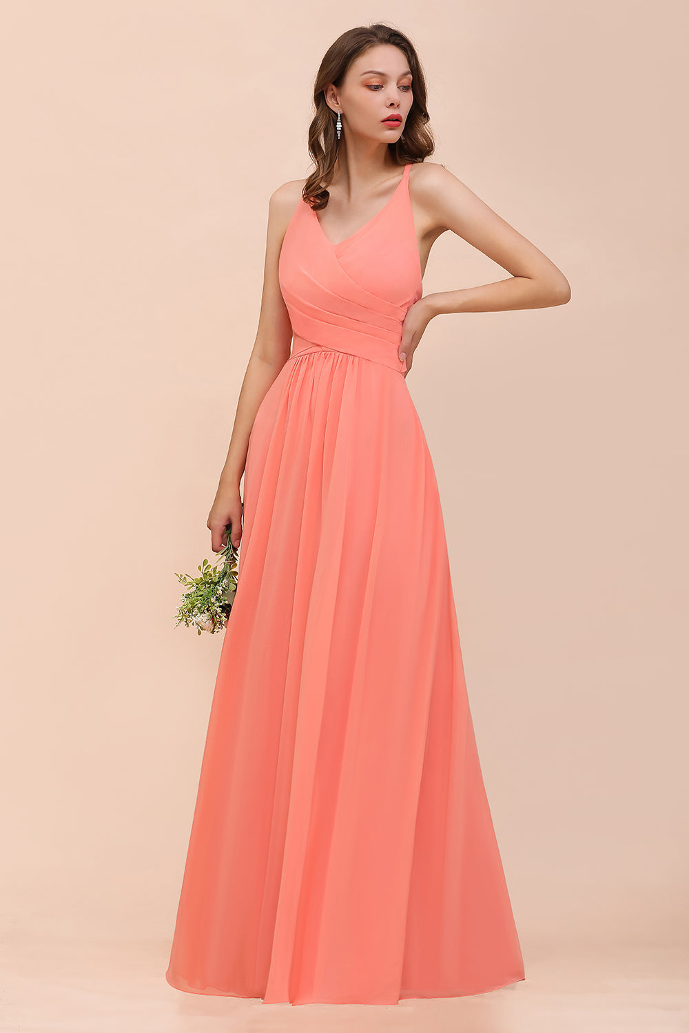 Glamorous V-Neck Coral Chiffon Bridesmaid Dresses Affordable with Ruffle - Fashionpara