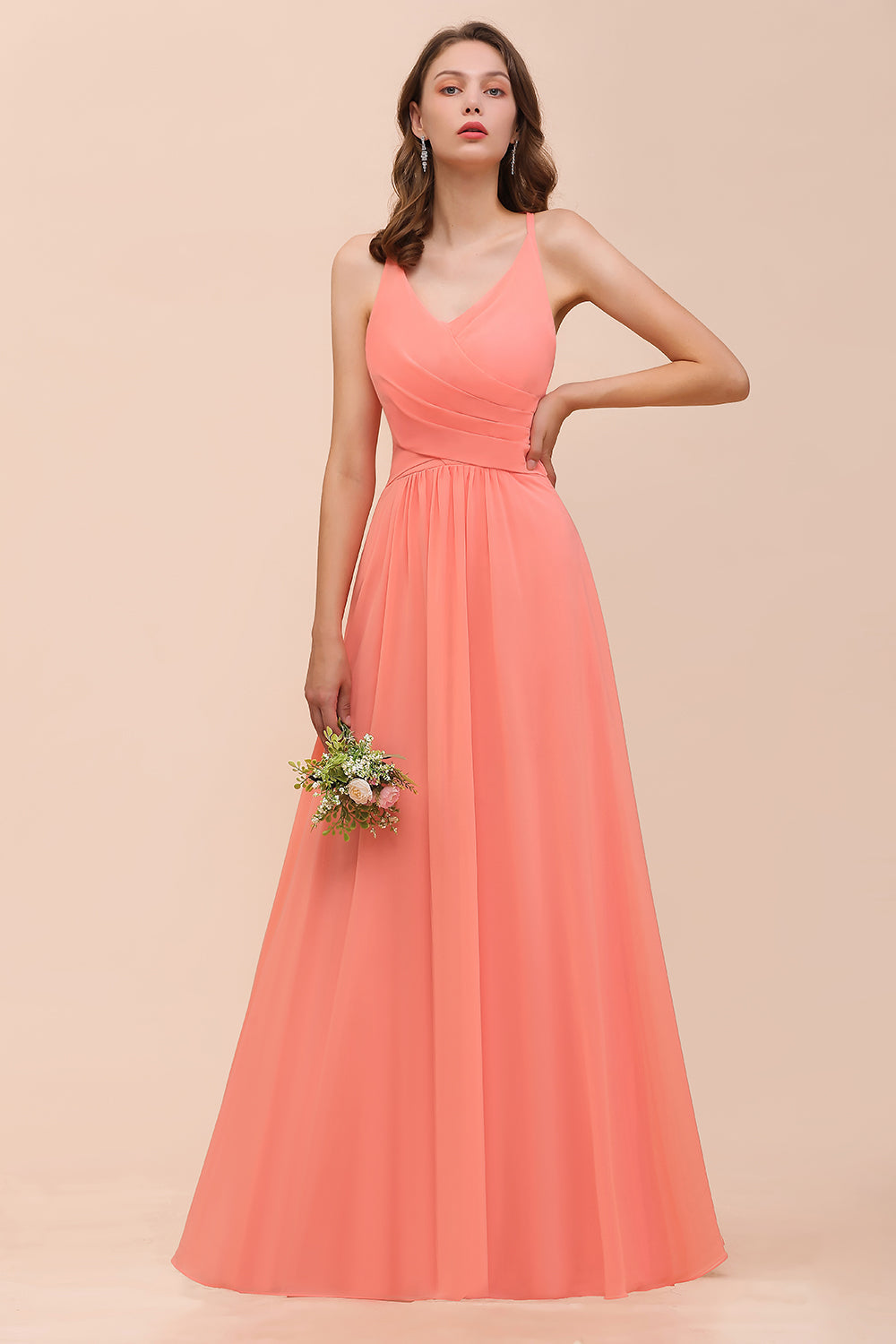 Glamorous V-Neck Coral Chiffon Bridesmaid Dresses Affordable with Ruffle - Fashionpara