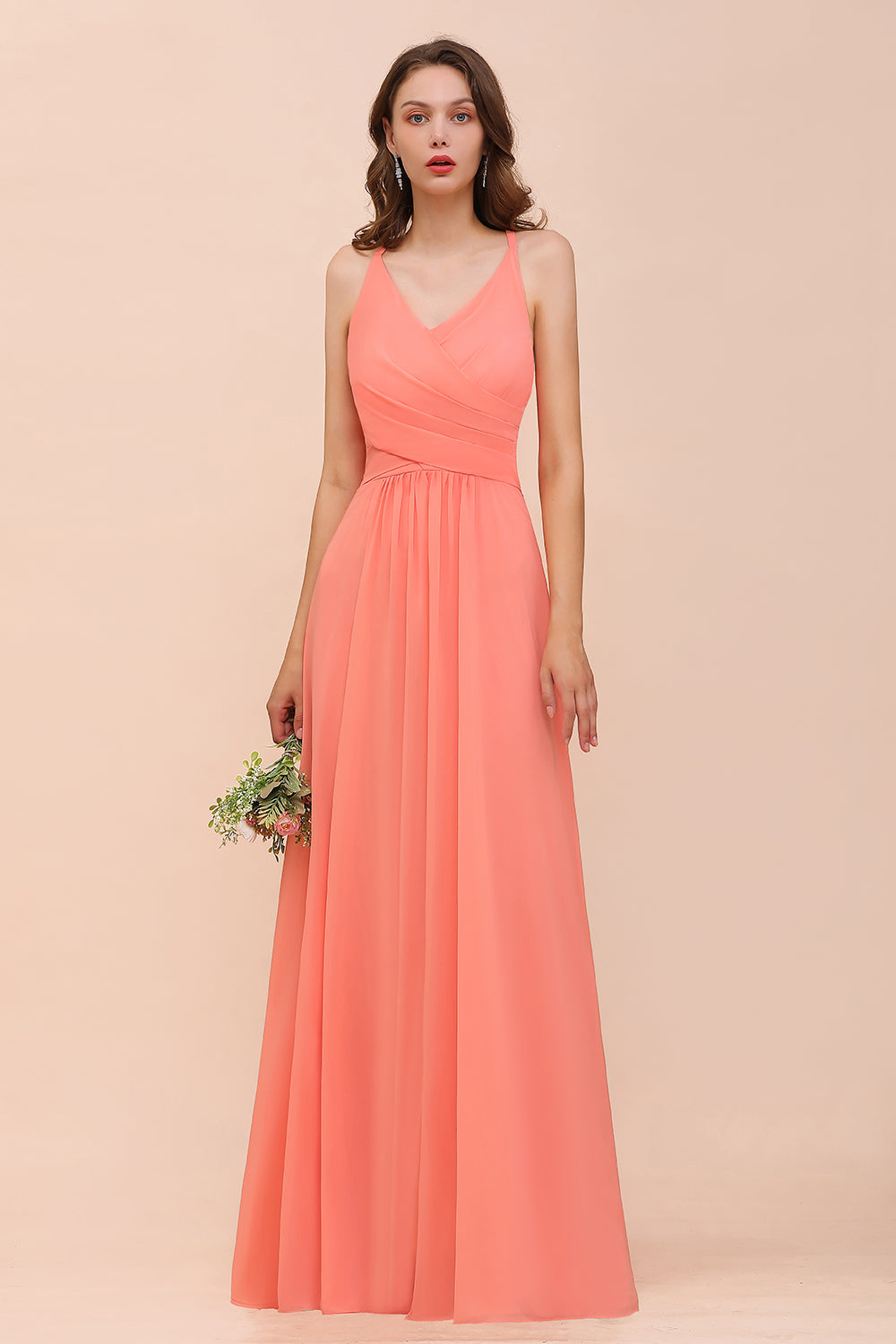 Glamorous V-Neck Coral Chiffon Bridesmaid Dresses Affordable with Ruffle - Fashionpara