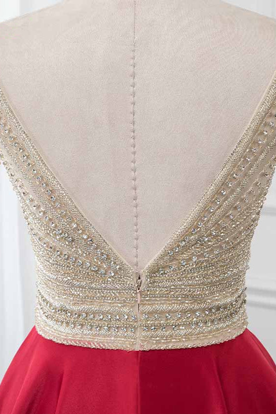 Glamorous V-Neck Rhinestone Burgundy Mermaid Prom Dresses with Cold Sleeves - Fashionpara