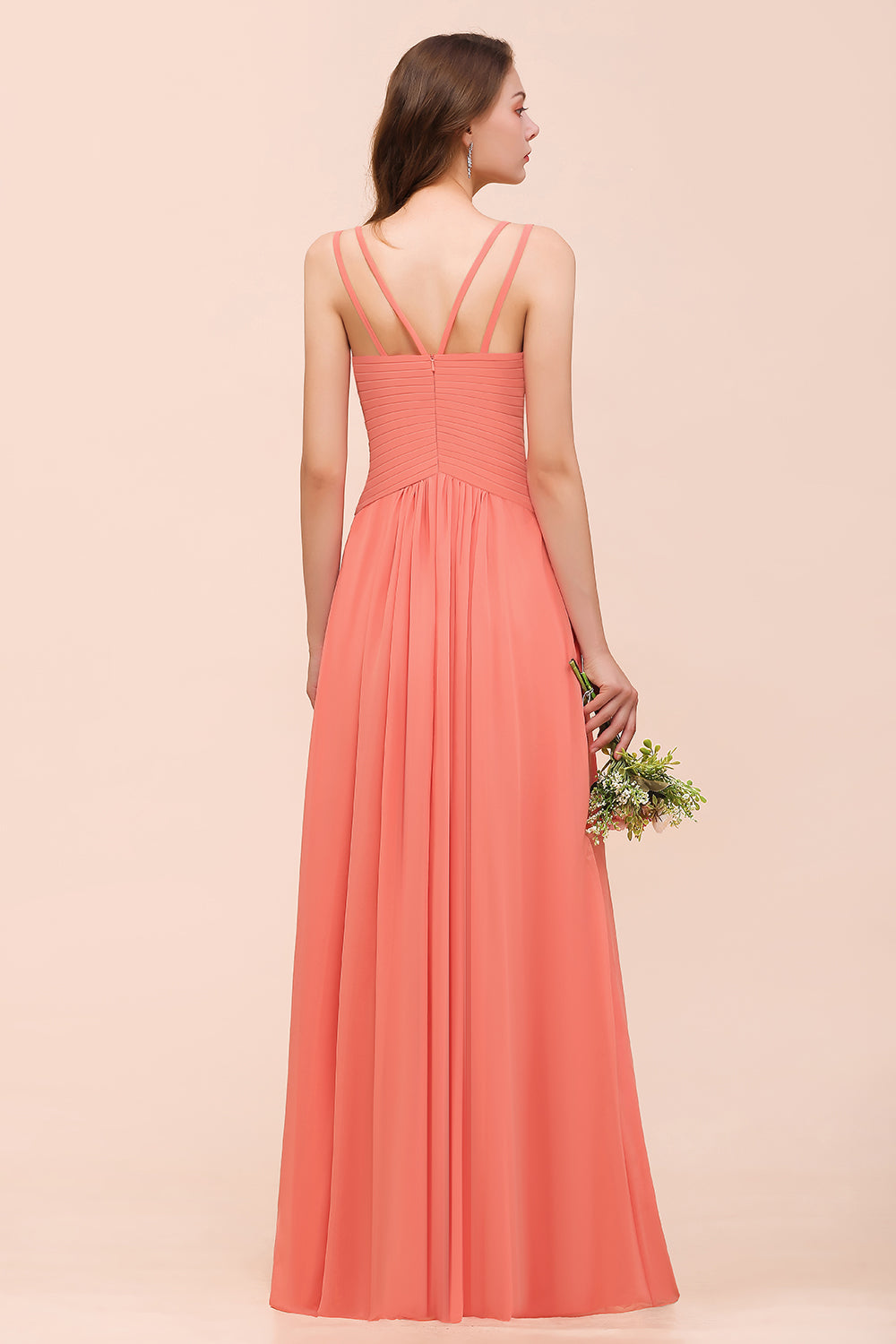 Glamorous V-Neck Ruffle Chiffon Long Bridesmaid Dresses With Slit - Fashionpara