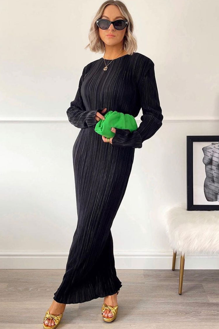 Glamours Long Sleeve Shirred Beach Vacation Maxi Dress - Black  Fashionpara