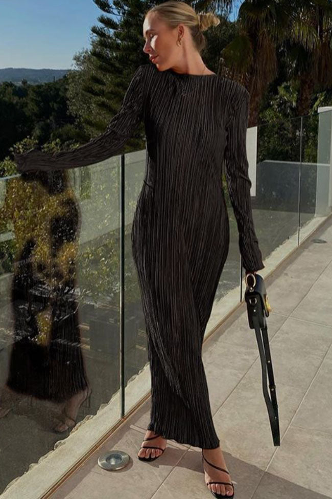 Glamours Long Sleeve Shirred Beach Vacation Maxi Dress - Black  Fashionpara