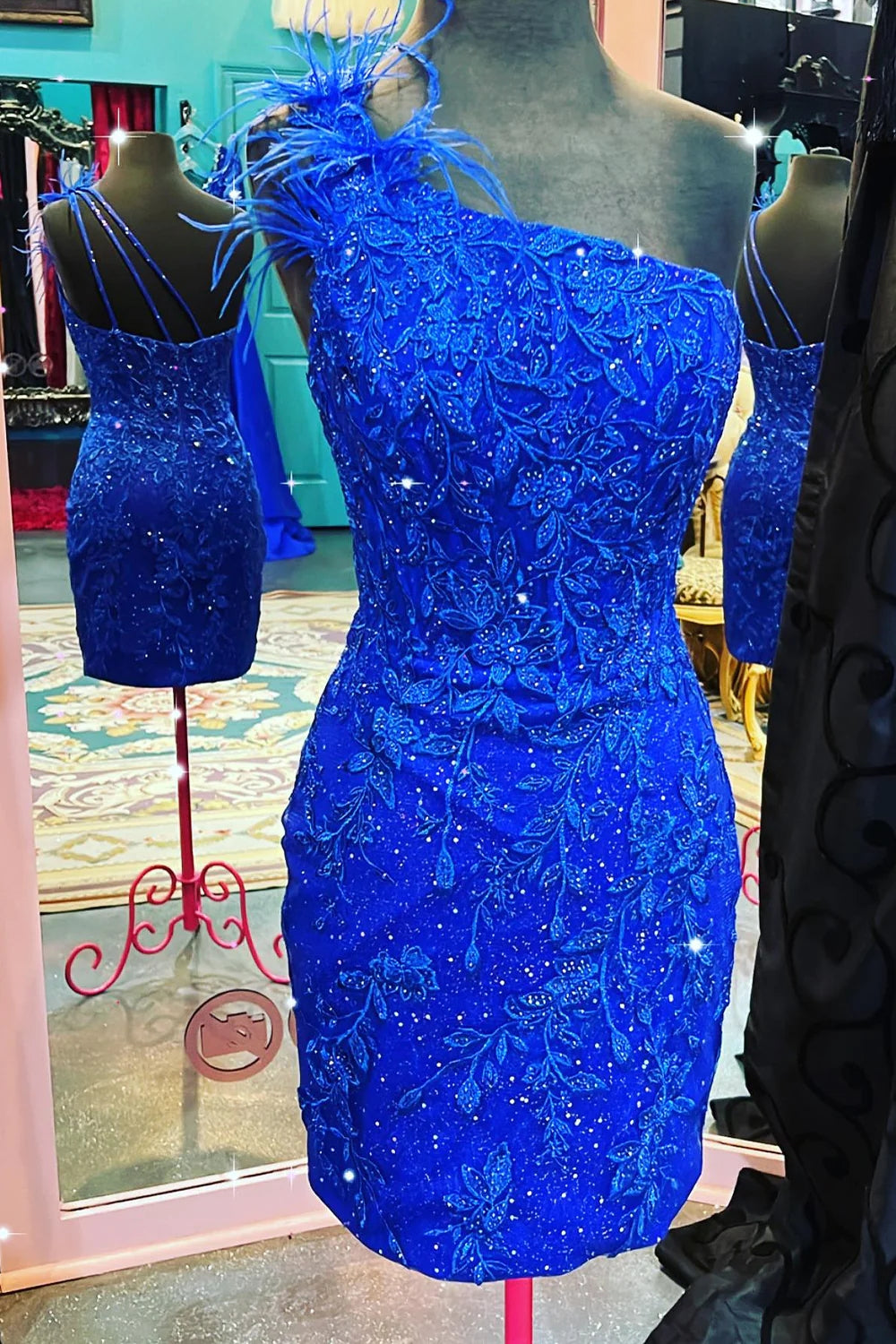 Glitter Royal Blue One-Shoulder Lace Short Homecoming Dress with Feather Trim - Fashionpara