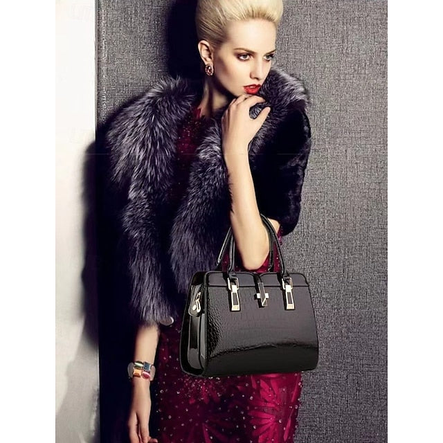 Faux - Croc Patent Handbag Leather Burgundy