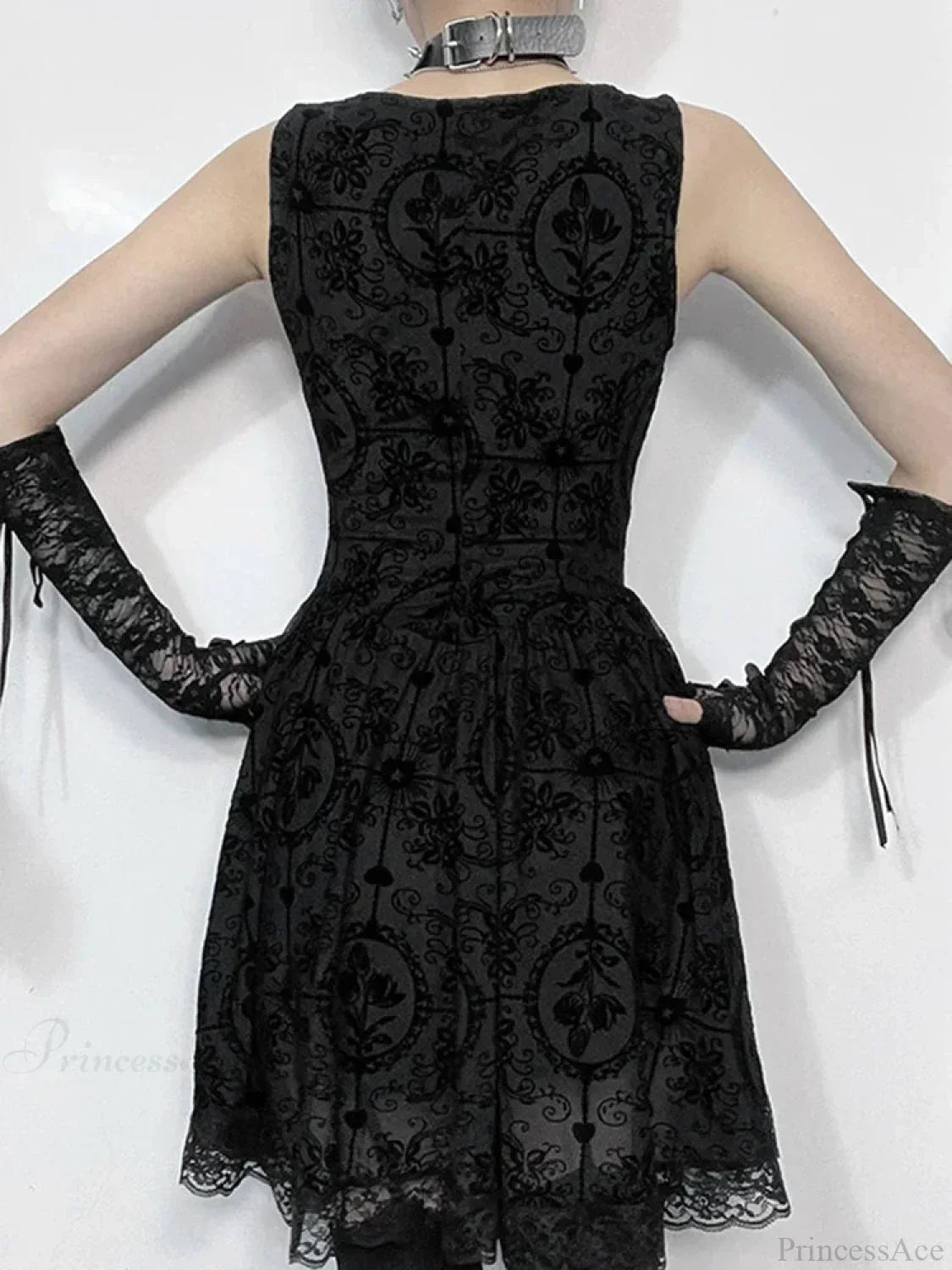 Square Neck Sleeveless Damask Floral Lace Trim Skater Mini Dress - View 3