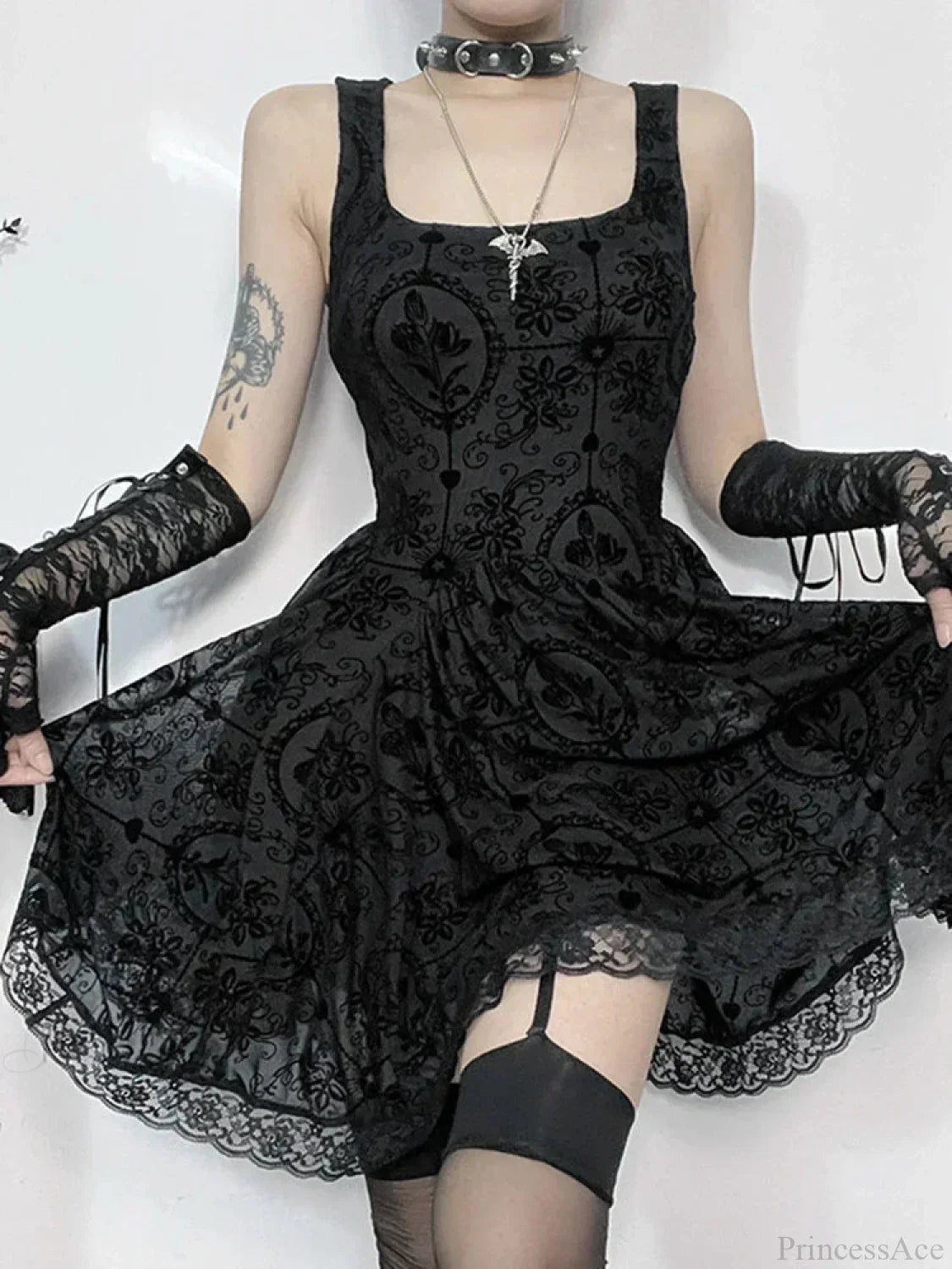 Square Neck Sleeveless Damask Floral Lace Trim Skater Mini Dress