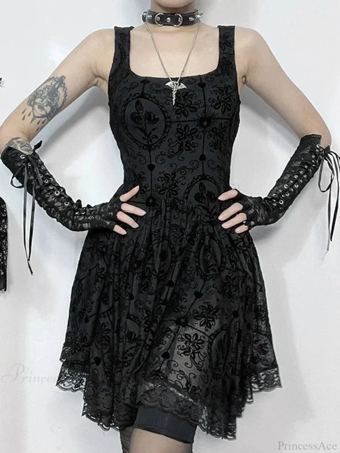 Square Neck Sleeveless Damask Floral Lace Trim Skater Mini Dress - View 5