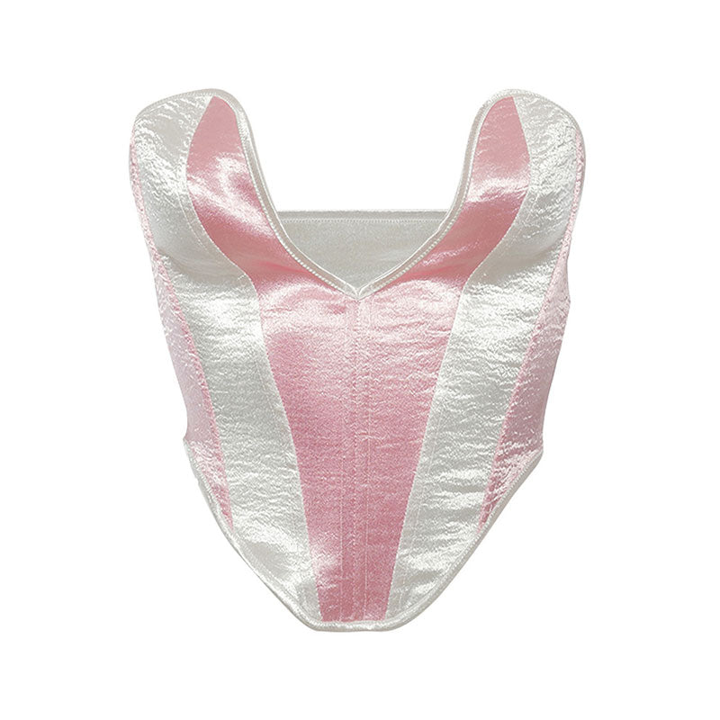 Glossy Bicolor Striped Sweetheart Neck Satin Corset Tube Top - Pink - Fashionpara