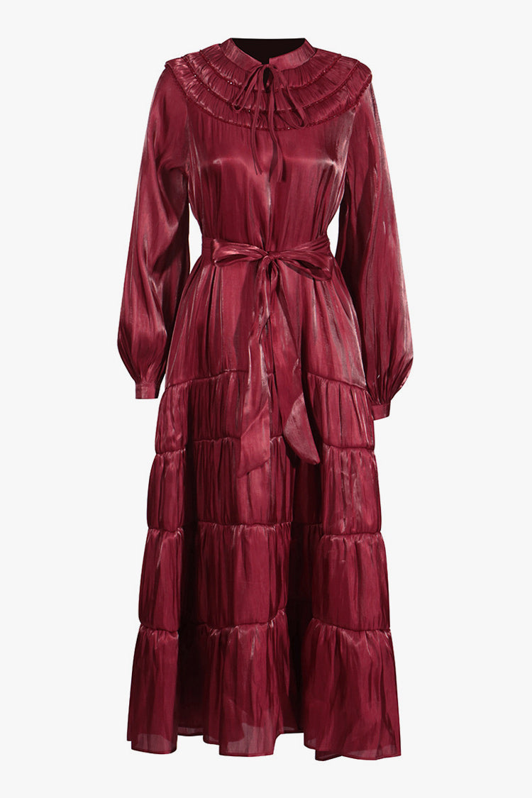 Glossy Bow Tie Ruched Balloon Sleeve Belted Shirred Cocktail Midi Dress - Fashionpara