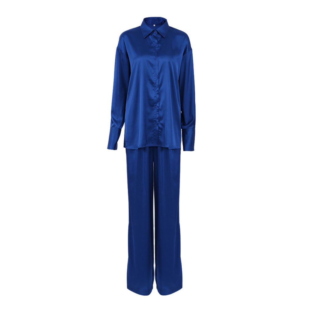 Glossy Satin Blouse Wide Leg Pant Matching Set - Royal Blue - Fashionpara