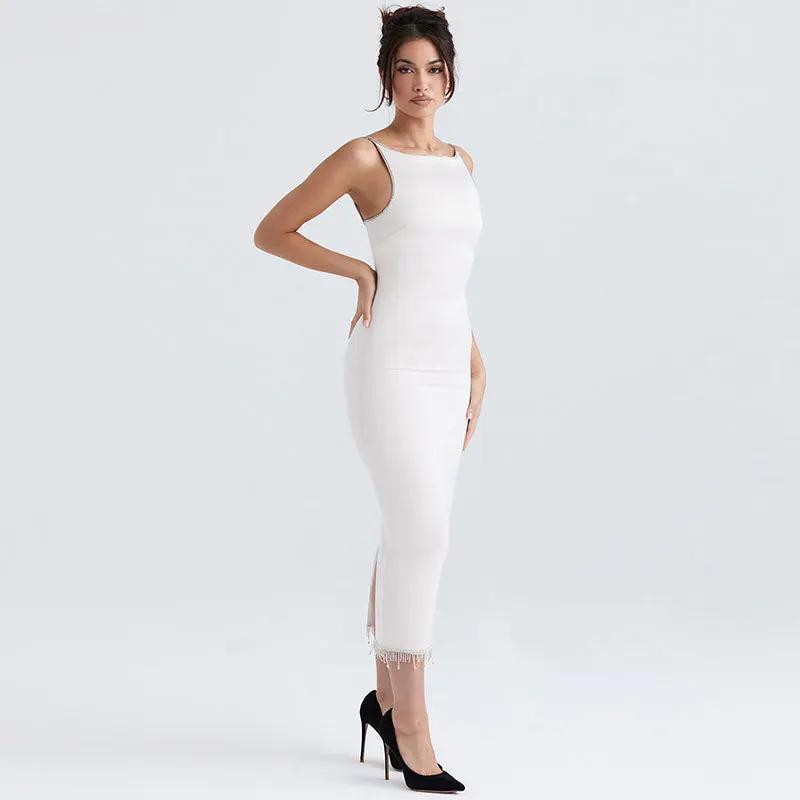 Glossy Satin Crystal Fringe Boat Neck Bodycon Cocktail Midi Dress - White  Fashionpara