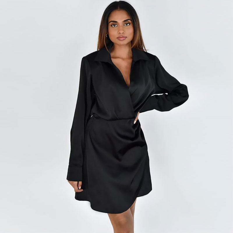 Ruched Spread Collar V Neck Long Sleeve Shirt Mini Dress - Black 2