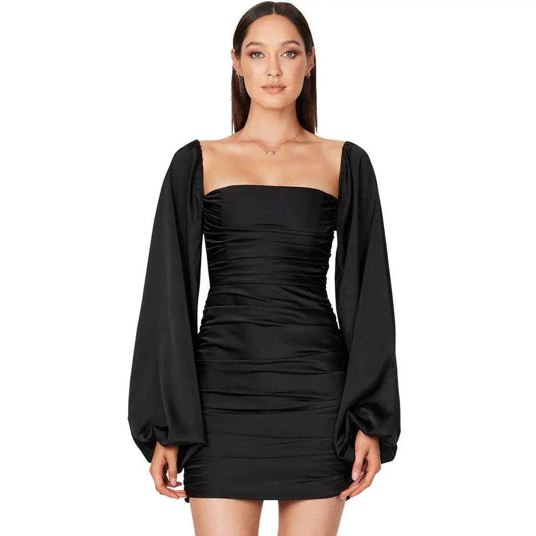 Glossy Satin Square Neck Bishop Sleeve Ruched Bodycon Mini Dress - Black  Fashionpara