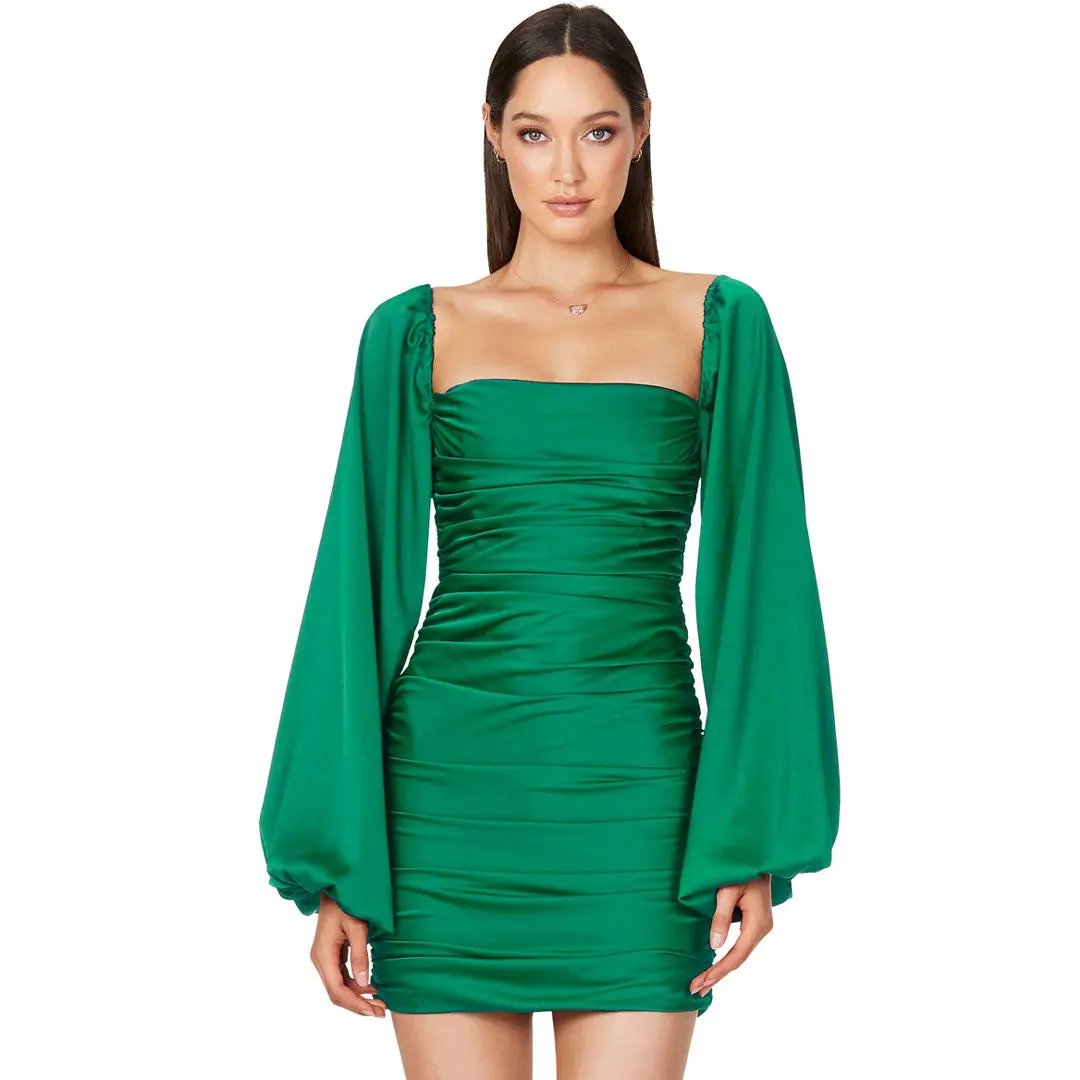 Glossy Satin Square Neck Bishop Sleeve Ruched Bodycon Mini Dress - Emerald Green  Fashionpara