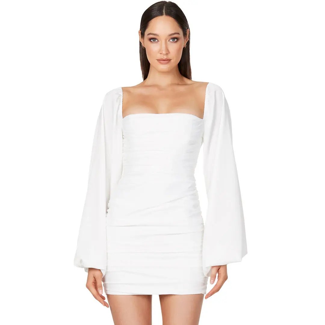 Glossy Satin Square Neck Bishop Sleeve Ruched Bodycon Mini Dress - White  Fashionpara