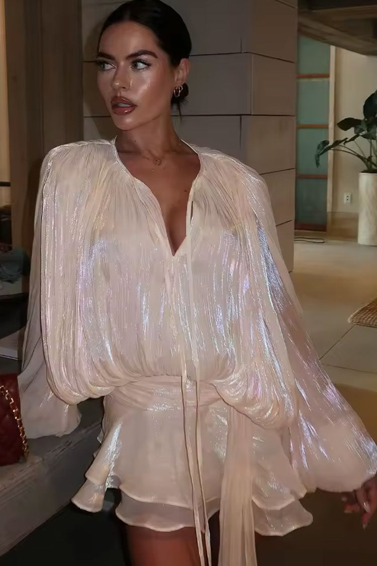 Glossy Tie Neck Pleated Lantern Sleeve Drop Waist Vacation Micro Mini Dress