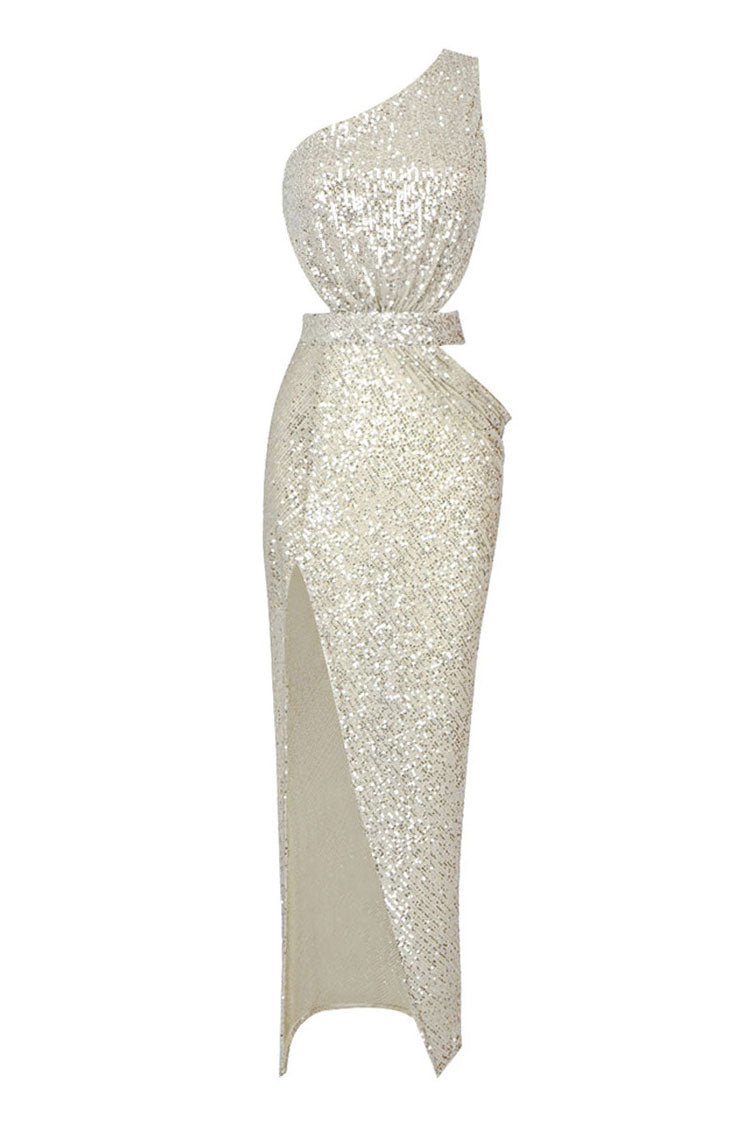 Goddess One Shoulder Draped High Waist Cutout Split Sequin Cocktail Party Midi Dress - Fashionpara