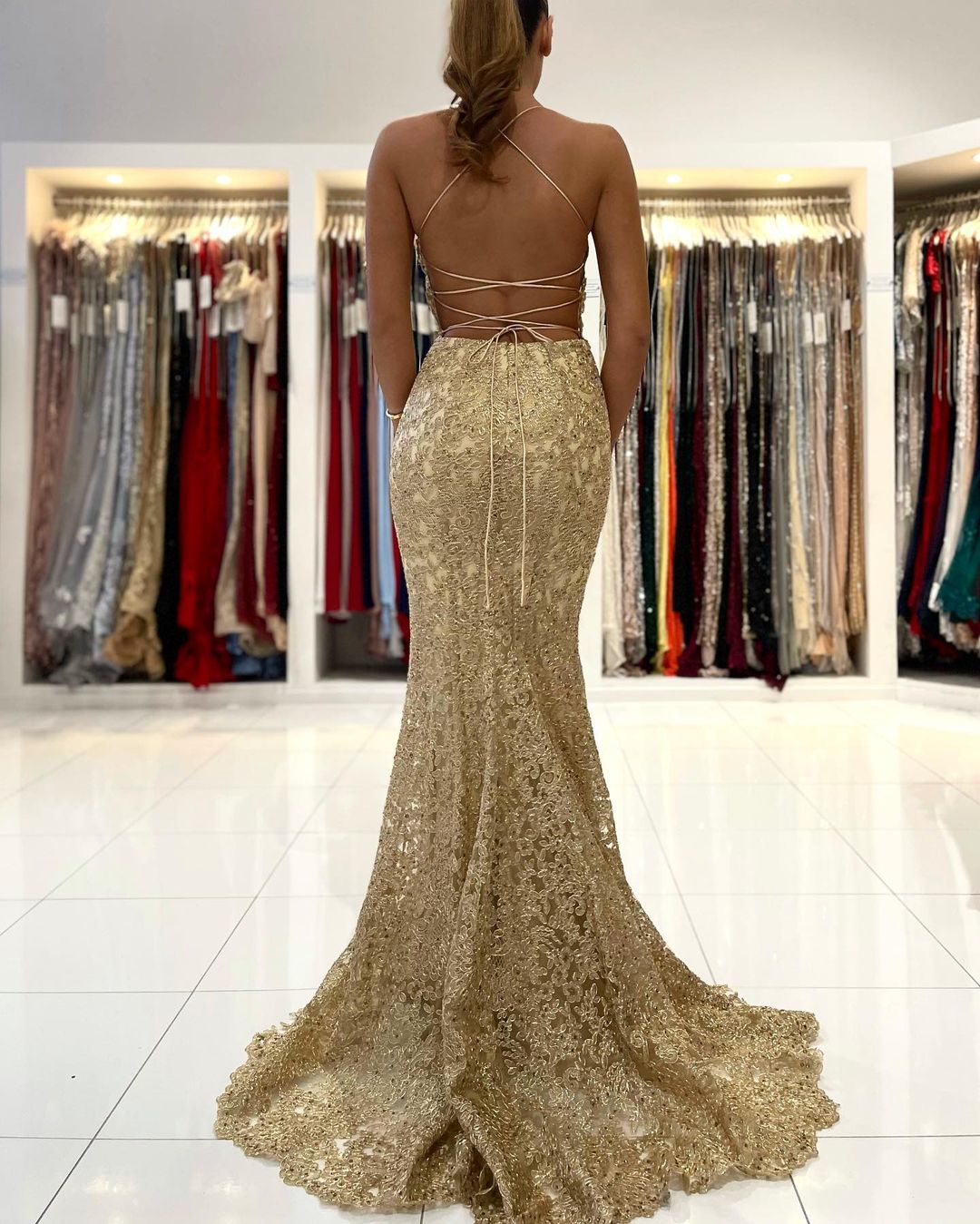Gold Appliques Mermaid Evening Dress Halter Long Prom Gown - Fashionpara