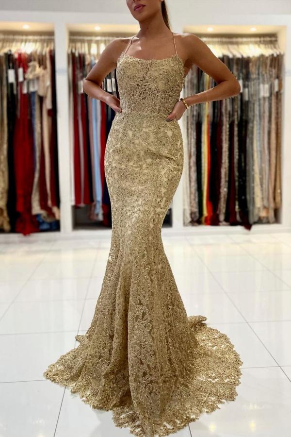 Gold Appliques Mermaid Evening Dress Halter Long Prom Gown - Fashionpara