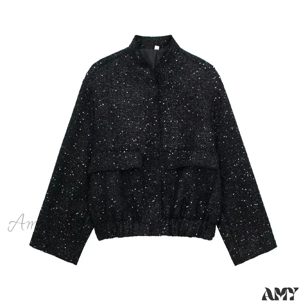 Gold Sequin Decoration Loose Short Versatile Warm Coat 8