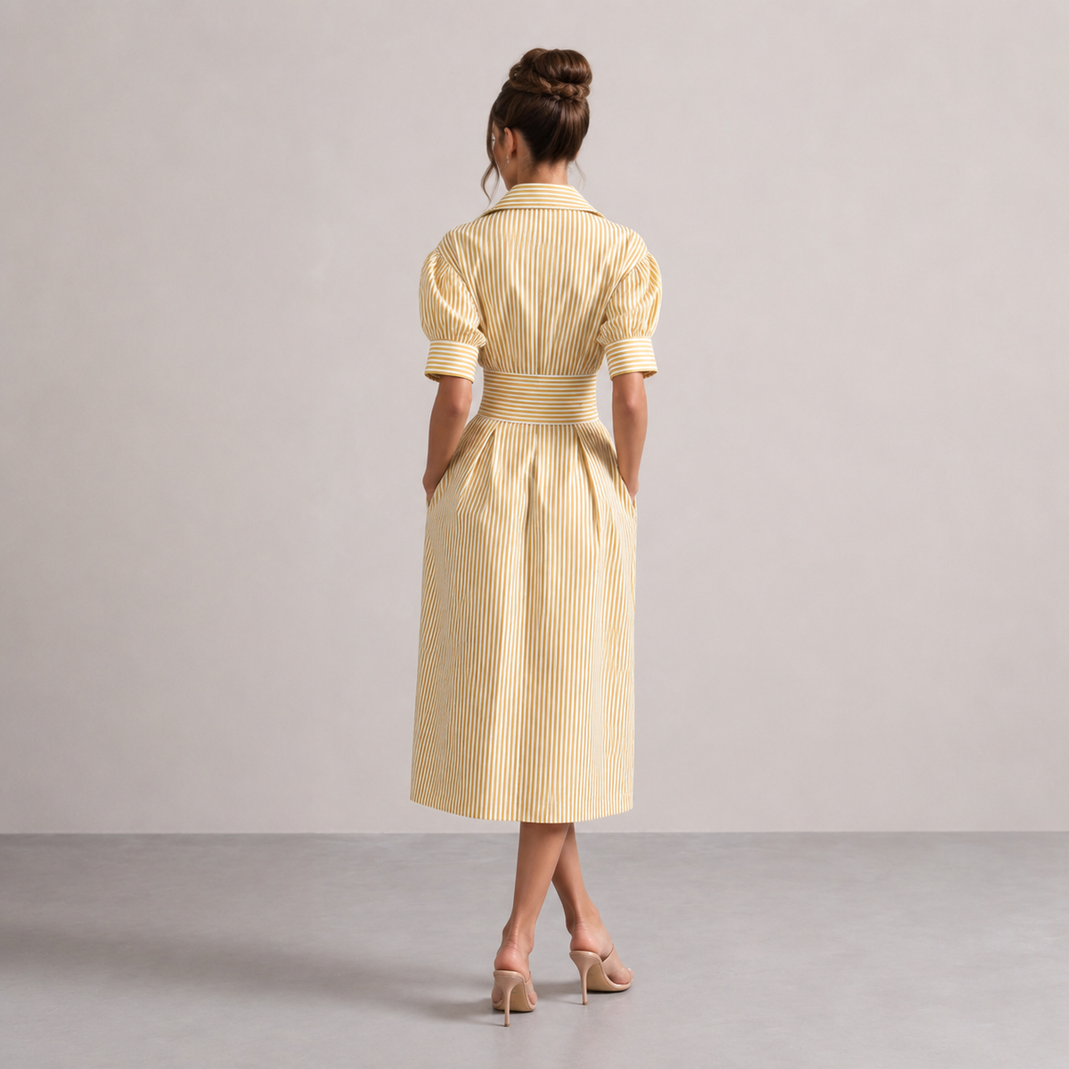 Striped Collared Puff Sleeve Button Front Belted Midi Dress 12