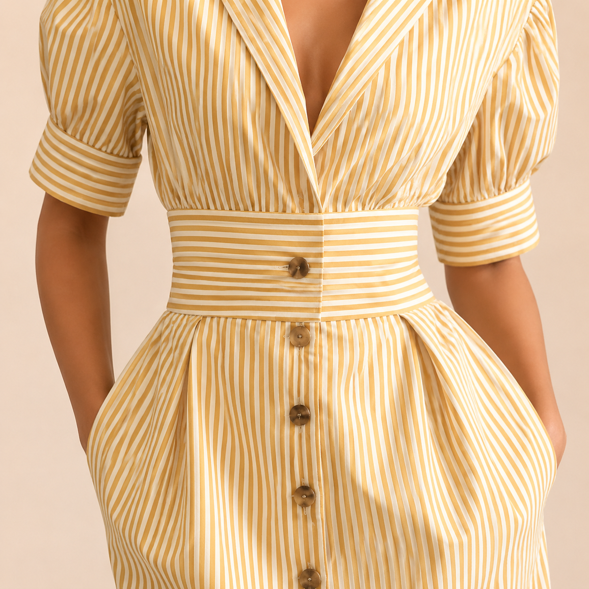 Striped Collared Puff Sleeve Button Front Belted Midi Dress 11