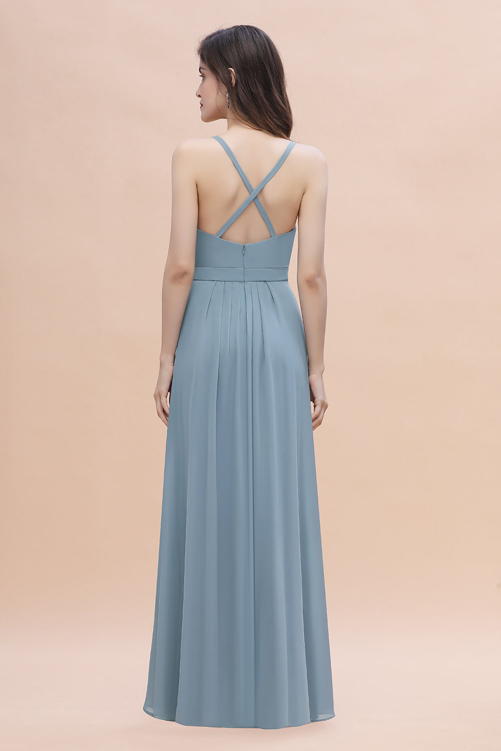 Gorgeous A-Line Straps Dusty Blue Chiffon Bridesmaid Dresses with Ruffles On Sale - Fashionpara
