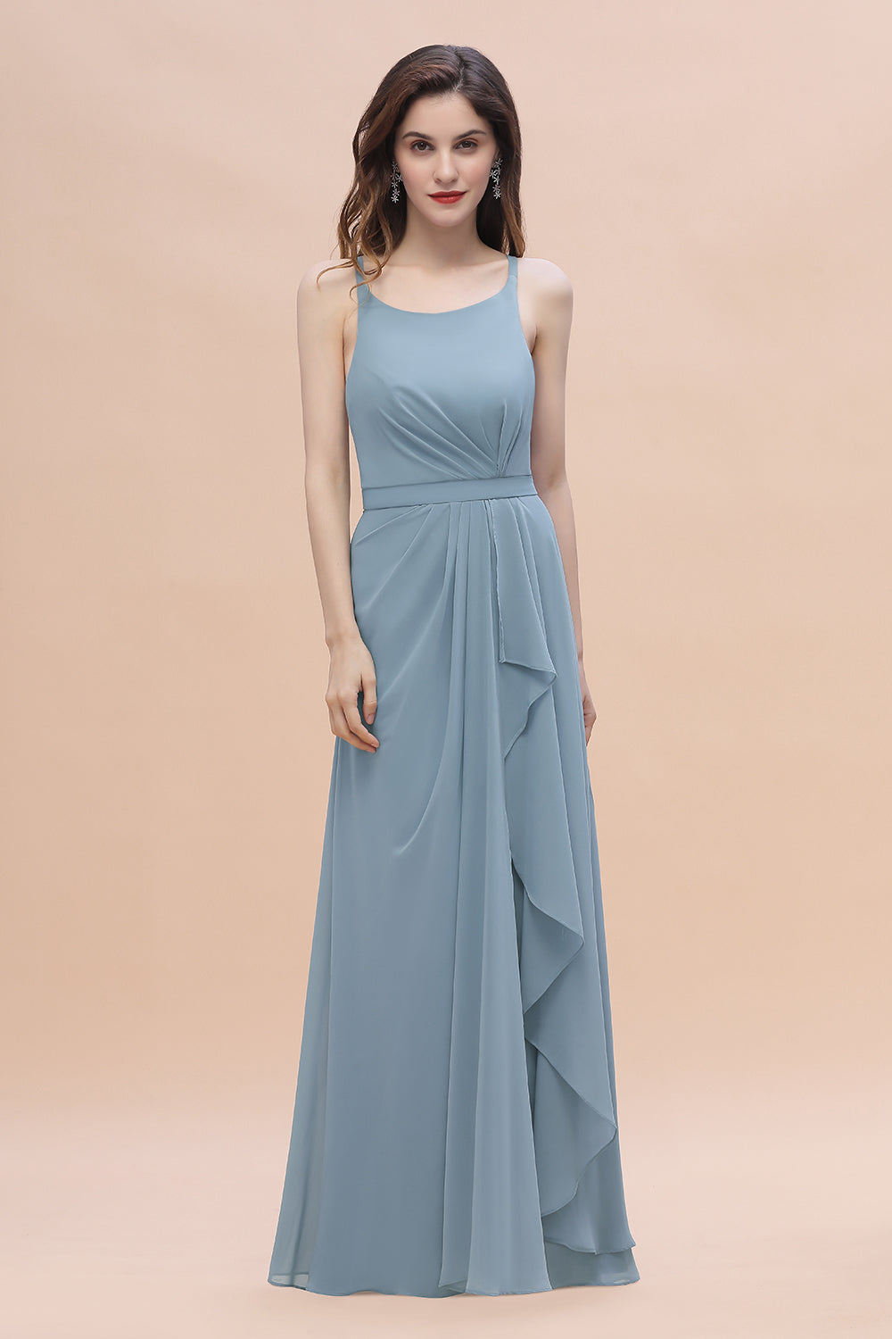 Gorgeous A-Line Straps Dusty Blue Chiffon Bridesmaid Dresses with Ruffles On Sale - Fashionpara